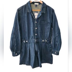 Women's Denim Romper Dark Wash Jean Shorts Jumpsuit Adjustable Waist Size 12